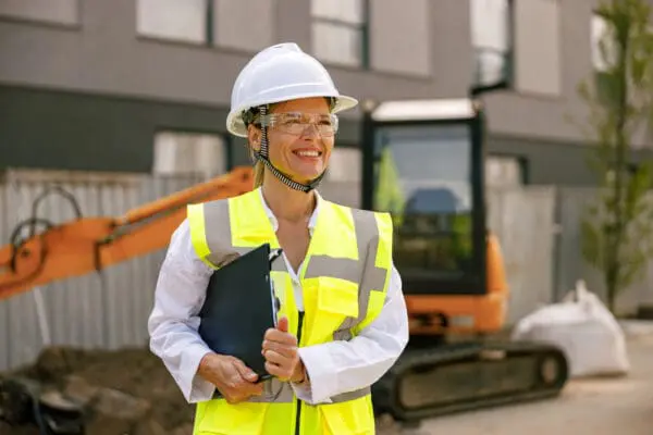 A female construction worker wearing a safety helmet in a construction site following osha standards for construction and general industry.