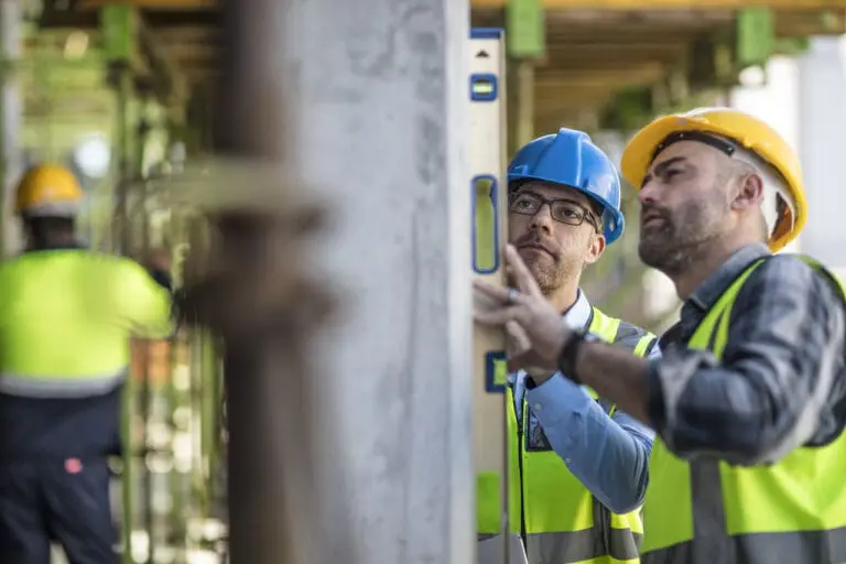 Two quality subcontractors checking a tool in a construction site.
